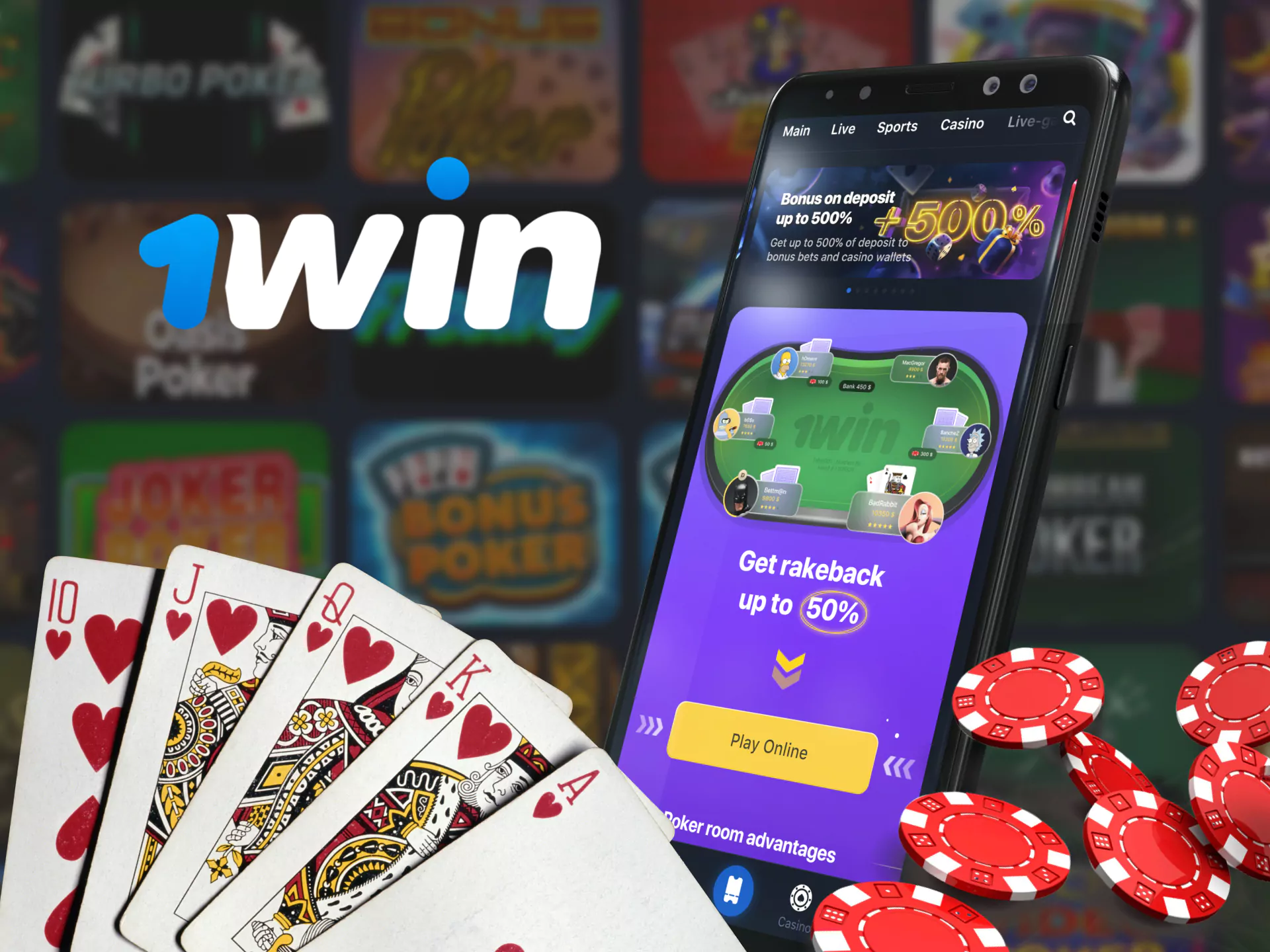 Interfejs aplikacji 1win poker na urządzeniu mobilnym